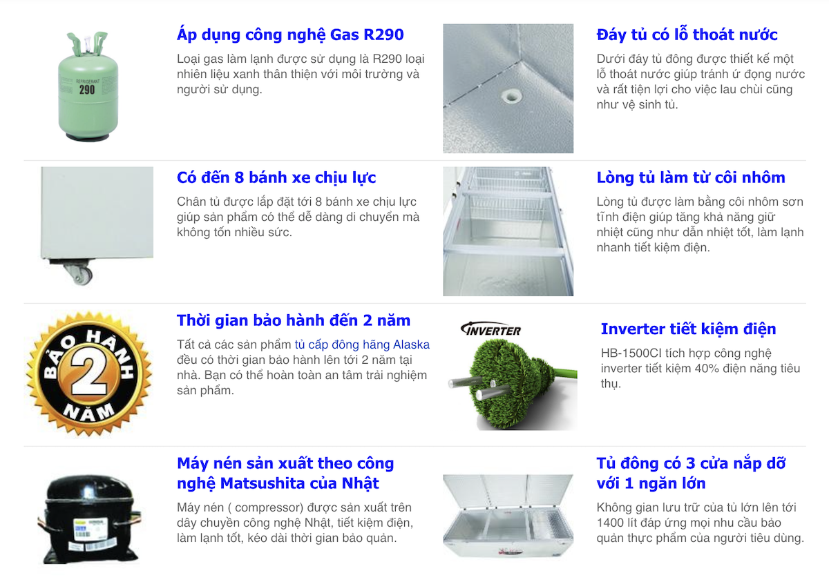 tủ đông alaska HB 1500CI dàn lạnh đồng inverter
